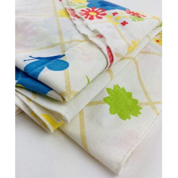 1960s Mod Retro Flower Power Table cloth Round Butterfly Blue Red Yellow 68" Che - Picture 10 of 14